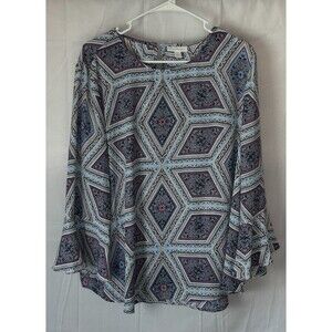 Charter Club Womens XL Blue Geometric Longsleeve Bell cuffs
